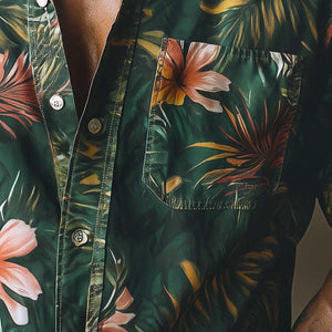 Men's Spring Retro Printed Cotton And Linen Short Sleeve Casual Sports Shirt