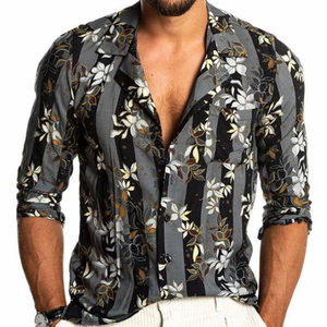 Men's Fashion Casual Slim Fit Vintage Printed Chiffon Long Sleeve Shirt
