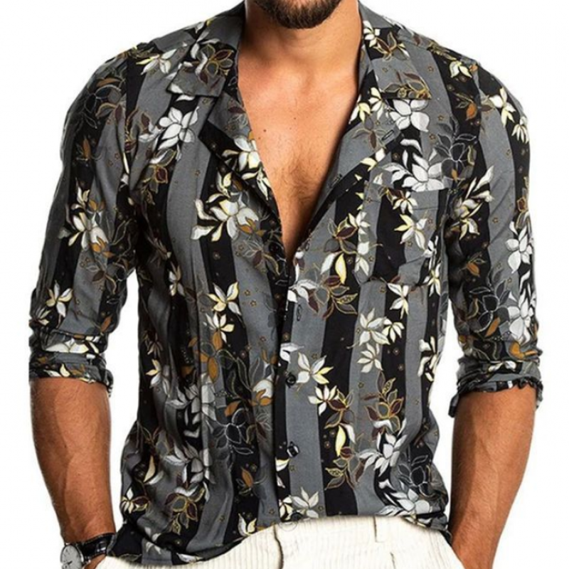 Herrenmode, lässig, Slim Fit, Vintage, bedruckt, Chiffon-Langarmhemd