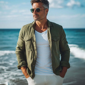 Herren Frühling und Herbst Armeegrünes Langarmhemd aus Baumwolle und Leinen