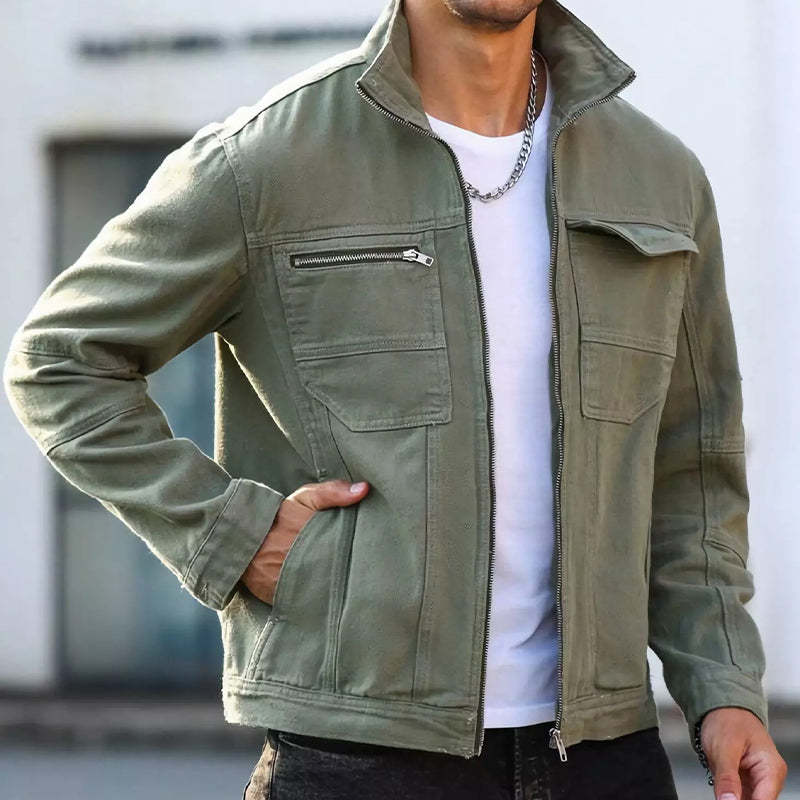 Men's Vintage Green Zipper Denim Jacket