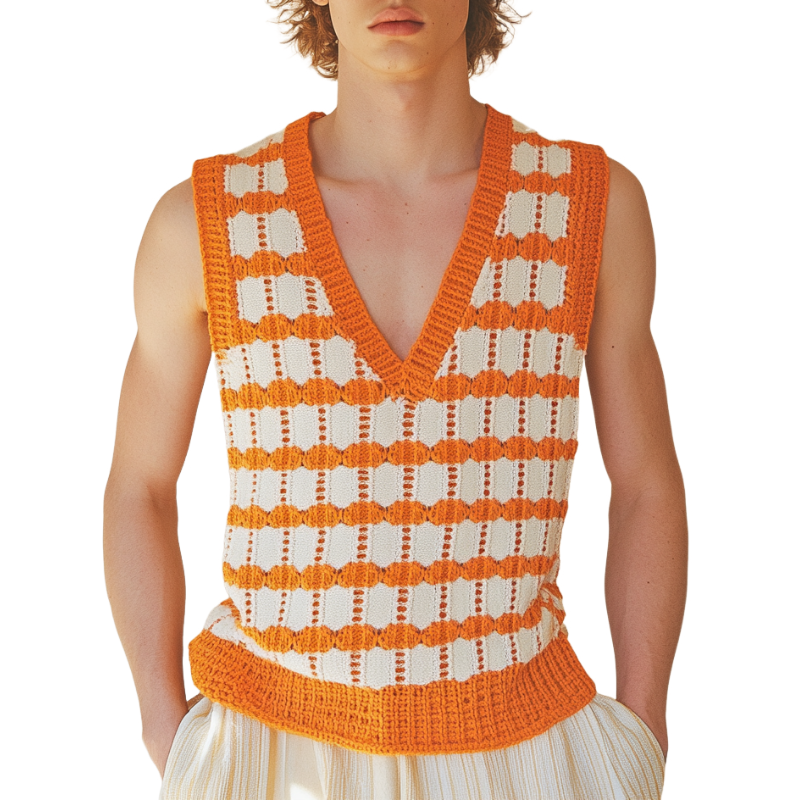 Men's Casual V-Neck Plaid Jacquard Knitted Tank Top