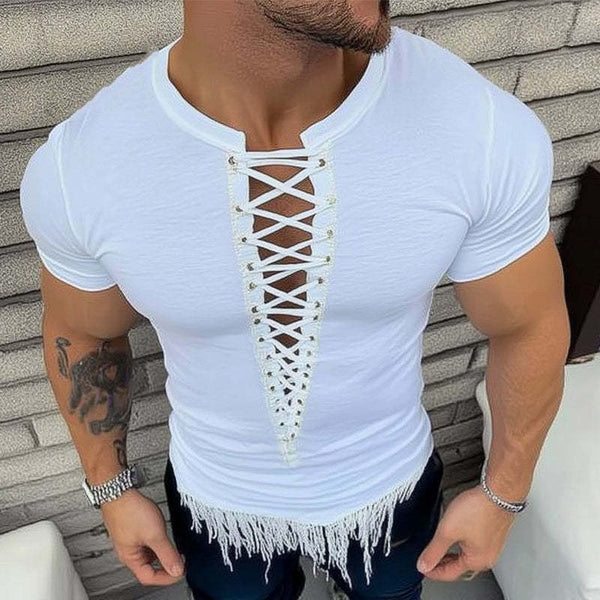Men's Summer Fashion Lace-up Tassel Short-sleeved T-shirt