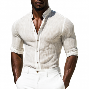Men's Casual Cotton Linen Texture Stand Collar Slim Long Sleeve Shirt