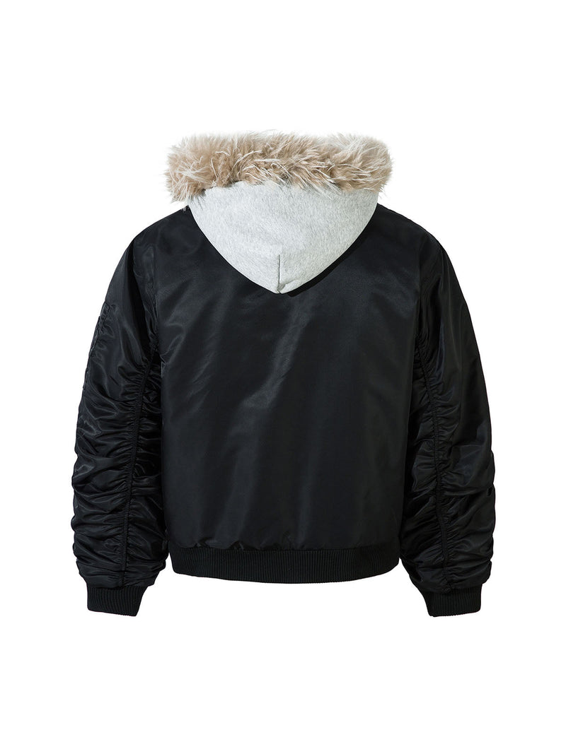 Faux Two-piece Fur Hooded Fleece Bomber Jacket