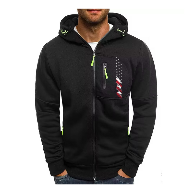 USA FLAG MEN'S SPORTS, FITNESS, LEISURE JACQUARD HOODIE, CARDIGAN, HOODIE