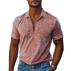 Men's Spring Fashion V-neck Lace Stitching Velvet Short-sleeved POLO Shirt