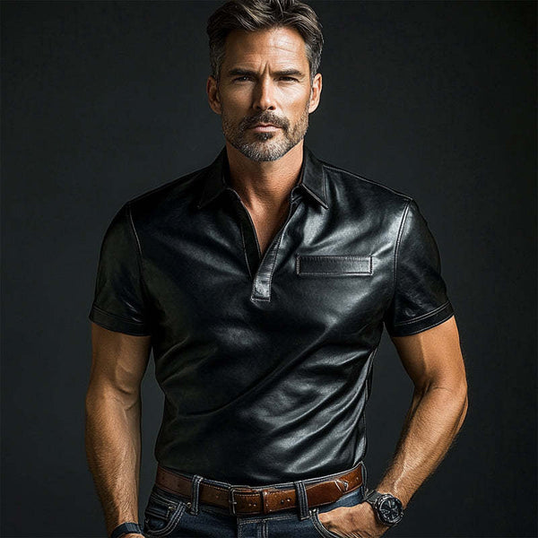 Men's Plain Black Leather Short Sleeve T-Shirt