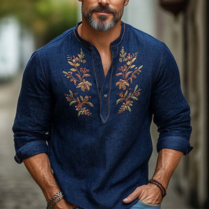 Marineblaues Langarm-T-Shirt aus Baumwolle und Leinen mit Vintage-Stickerei für Herren