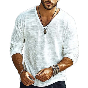 Lockeres, strukturiertes Langarm-T-Shirt mit V-Ausschnitt für Herren