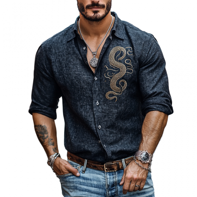 Lässiges Herrenhemd aus Leinen mit Schlangenstickerei und Revers in Slim Fit