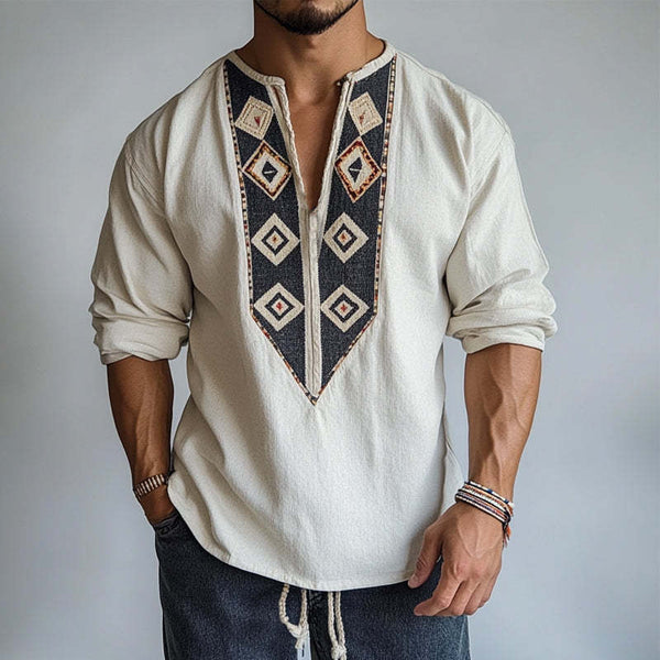 Herren-Langarmhemd mit Rundhalsausschnitt und Retro-Bohemian-Print