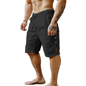 Einfarbige Shorts aus Baumwolle und Leinen mit Knöpfen für Herren