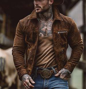 Herrenjacke aus massivem Wildleder mit Reißverschluss und Brusttasche und Revers