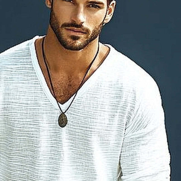 Men's Loose V-neck Textured Long Sleeve T-shirt