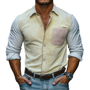 Men's Spring Fashion Casual Slim Suede Splicing Long Sleeve Shirt