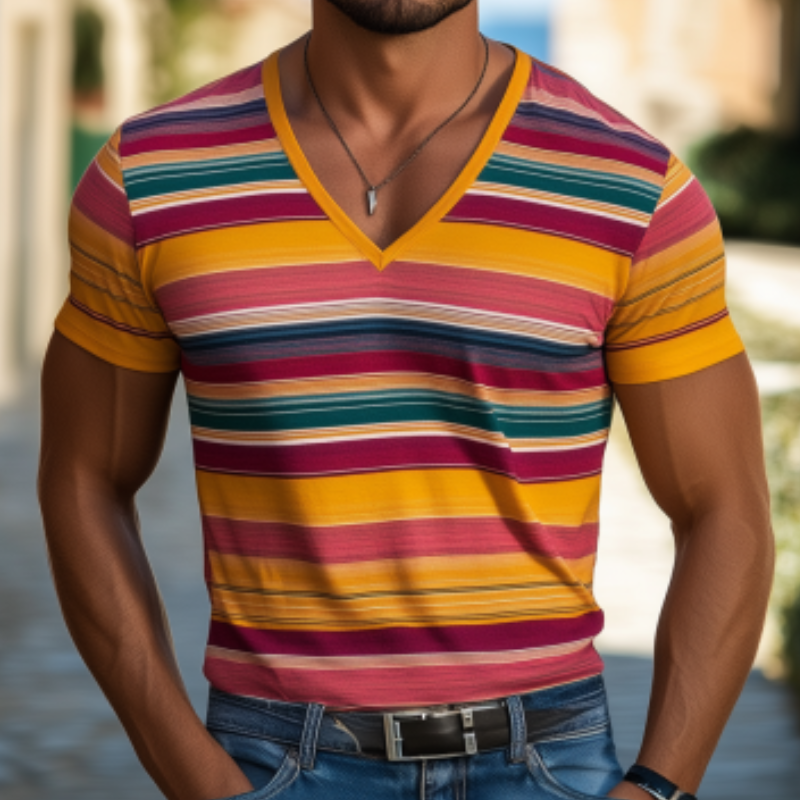 Men's Casual V-neck Contrast Striped Cotton Slim Fit Short-sleeved T-shirt