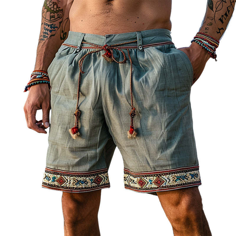 Sommer-Shorts aus Baumwolle und Leinen mit Retro-Stickerei für Herren