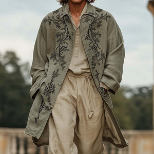 Men's Western Vintage Embroidered Long Sleeve Trench Coat