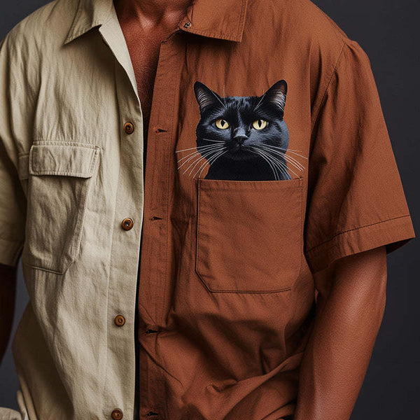 Men's Retro Cat Print Contrast Short Sleeve Shirt