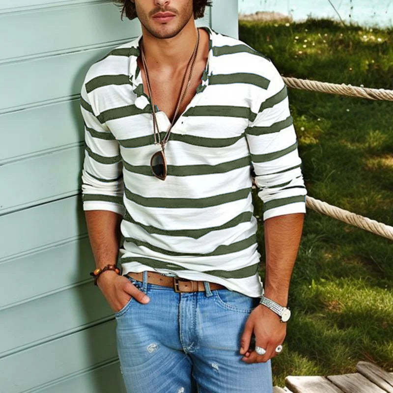 Men's Casual Striped Henley Collar Long Sleeve T-Shirt
