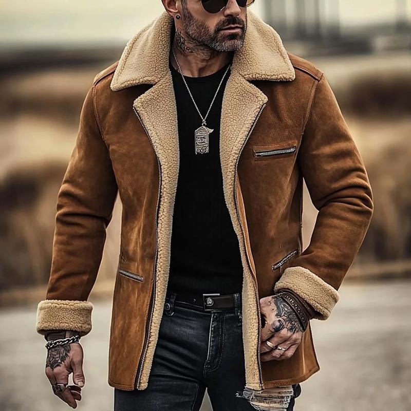 Men's Fleece Suede Lapel Suede Single Breasted Multi-pocket Coat