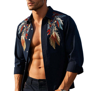 Men's Casual Feather Embroidered Long Sleeve Shirt