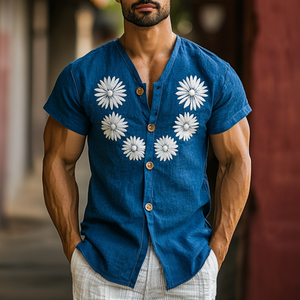 Men's Casual Cotton Linen V-Neck Single-Breasted Slim Fit Short Sleeve Shirt