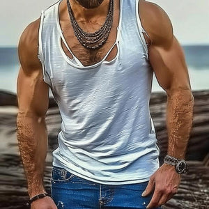 Men's Casual Cotton Blended Washed Hole Tank Top