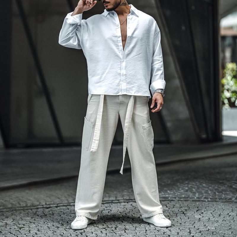 Herrenhose aus Baumwolle und Leinen mit mittlerer Taille und gerader Passform