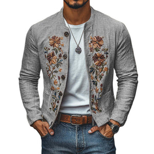 Men's Casual Linen Embroidered Stand Collar Single Breasted Slim Fit Jacket