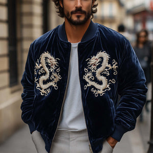 Men's Navy Vintage Dragon Embroidered Velvet Jacket