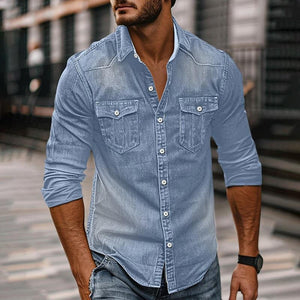 Men's Vintage Washed Distressed Denim Lapel Shirt