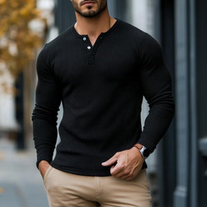 Men's Casual Rib Stripe Henley Collar Slim Fit Long Sleeve T-Shirt