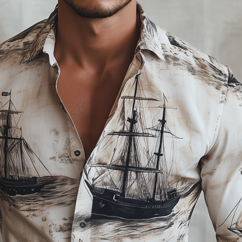 Herren Retro Casual Segelschiff Print Revers Langarmhemd