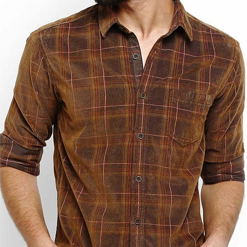 Men's Spring And Autumn Brown Plaid Casual Long Sleeve Shirt