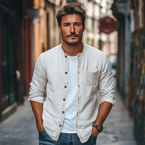 Men's Spring Fashion Lace Pocket Stitching Cotton And Linen Long Sleeve Shirt