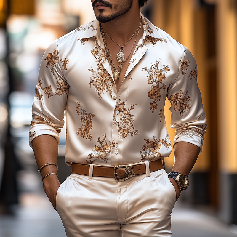 Herren Frühlings- und Sommermode Retro Blumendruck Satin Langarmhemd