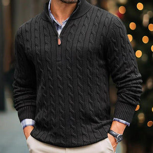 Men's Solid Cable Knit Half High Collar Long Sleeve Sweater