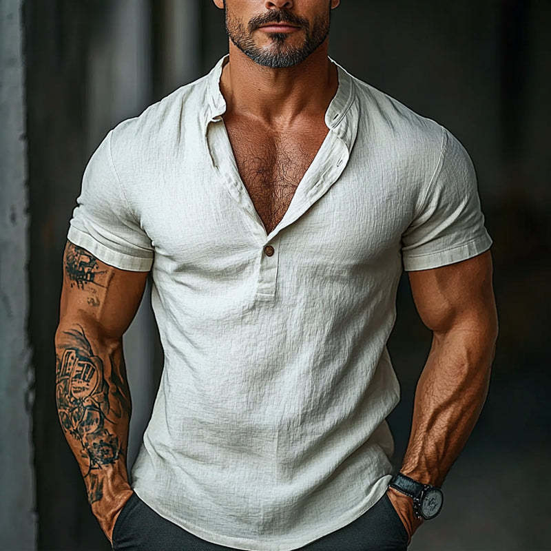 Men's Cotton Button Round Neck Pullover Short Sleeve T-Shirt