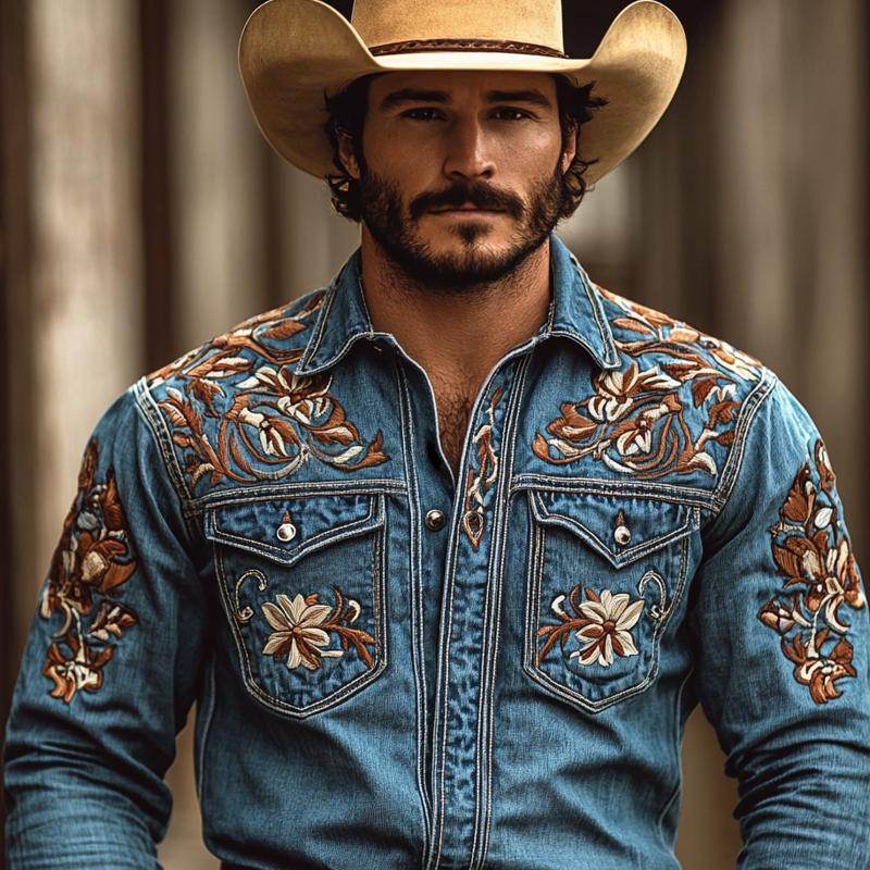 Herren-Jeanshemd im Western-Cowboy-Stil mit besticktem Revers und Brusttasche, langärmelig