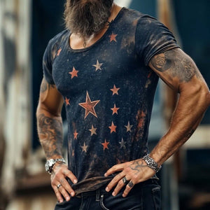 Herren Retro Casual Star Universe Bedrucktes T-Shirt mit Rundhalsausschnitt und kurzen Ärmeln