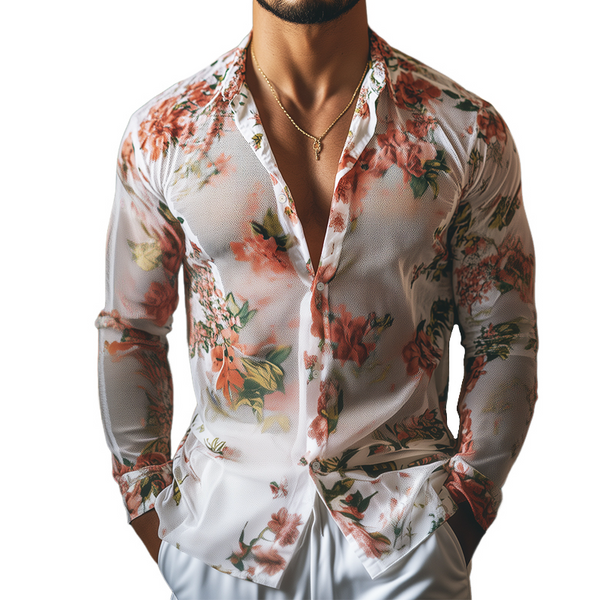 Herren Retro Casual Mesh Blumendruck Revers Langarmhemd