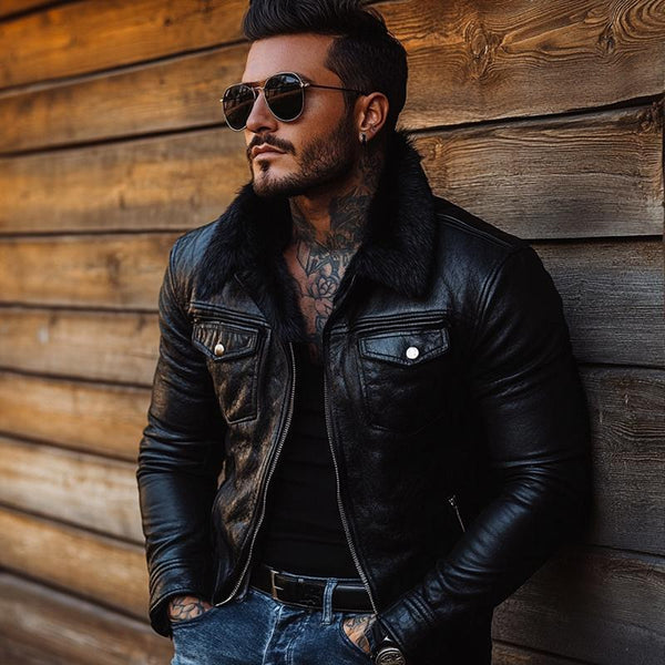 Men's Vintage Fur Collar Leather Jacket