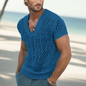 Sommermode für Herren, V-Ausschnitt, gestricktes Mesh, atmungsaktives T-Shirt