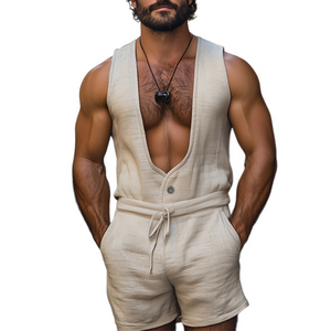 Men's Spring And Summer Fashion Leisure Deep V Neck Cotton And Linen Tank Top Shorts Jumpsuit
