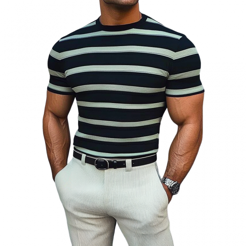 Men's Casual Contrast Color Striped Round Neck Slim Fit Knitted Short Sleeve Sweater T-Shirt