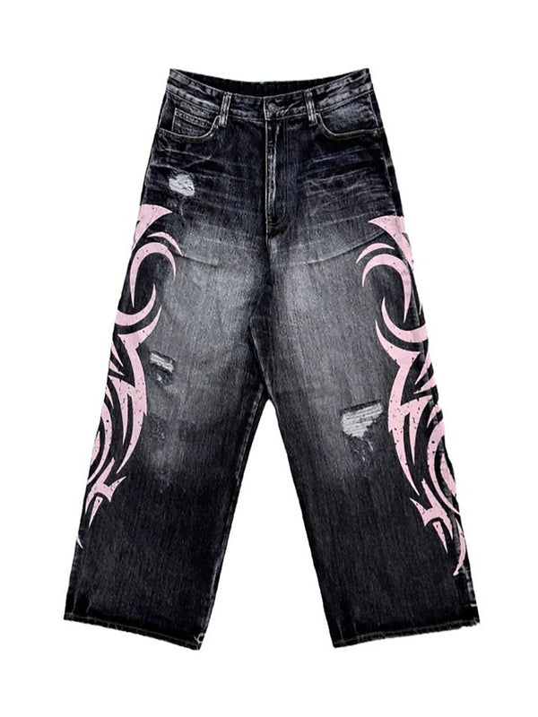 Washed Ripped Side Seam Straight Jeans