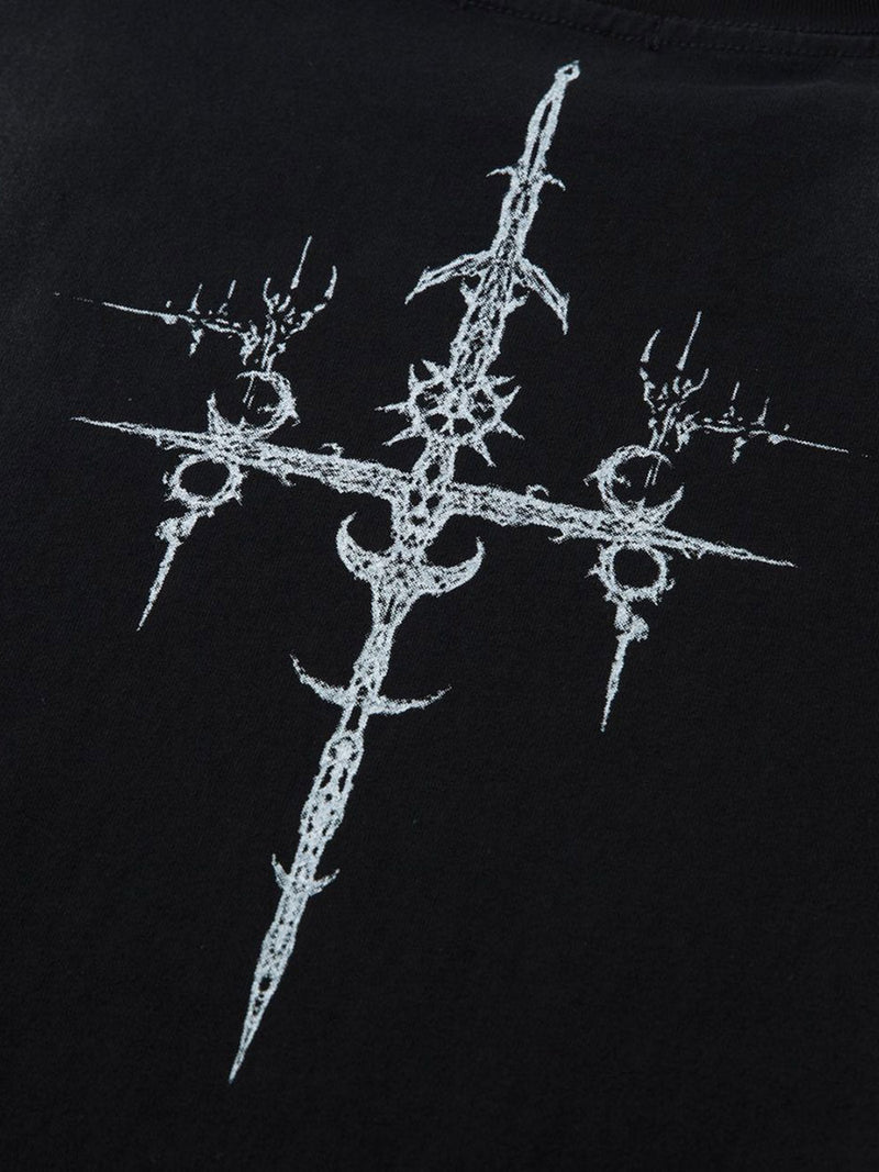 Heavy Cotton Washed Cross Shield Print T-shirt