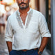 Men's Deep V Neck Vintage Embroidered Cotton And Linen T-Shirt